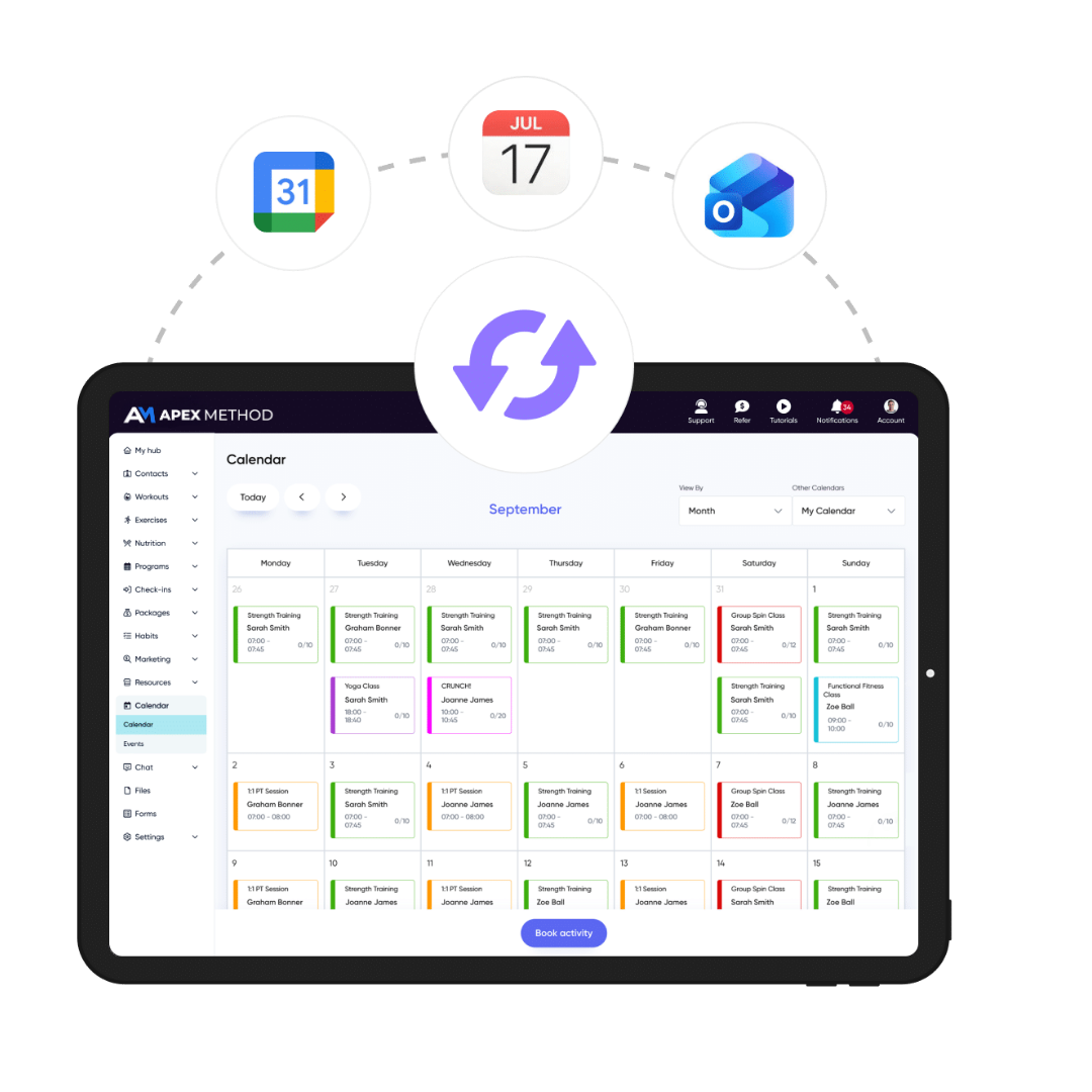 Calendario en la app Apex Method